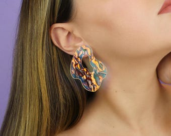 Chunky Organic Shape Stud Earrings " LAVA - textured iridescent " Handmade Jewelry, Laser Cut Lightweight Acrylic, Stainless Steel, Gift