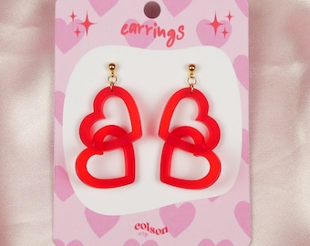 Heart Chain Dangle Earrings " LIFE LOVER - frosted red " Handmade Jewelry, Laser Cut Lightweight Acrylic, Stainless Steel, Women Gifts