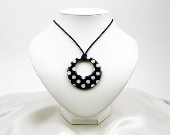 Necklace " ROUND PENDANT - black polka dot " Handmade Jewelry, Lightweight Acrylic, Stainless Steel, Women Gift