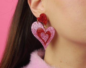 Glittery Funky Heart Dangle Earrings " CRAZY IN LOVE - red & pink " Handmade Jewelry, Cute Lightweight Acrylic, Stainless Steel, Women Gift