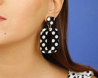 Earrings " RETRO SQUARE - black polka dot " Handmade Jewelry, Lightweight Acrylic, Stainless Steel, Women Gift