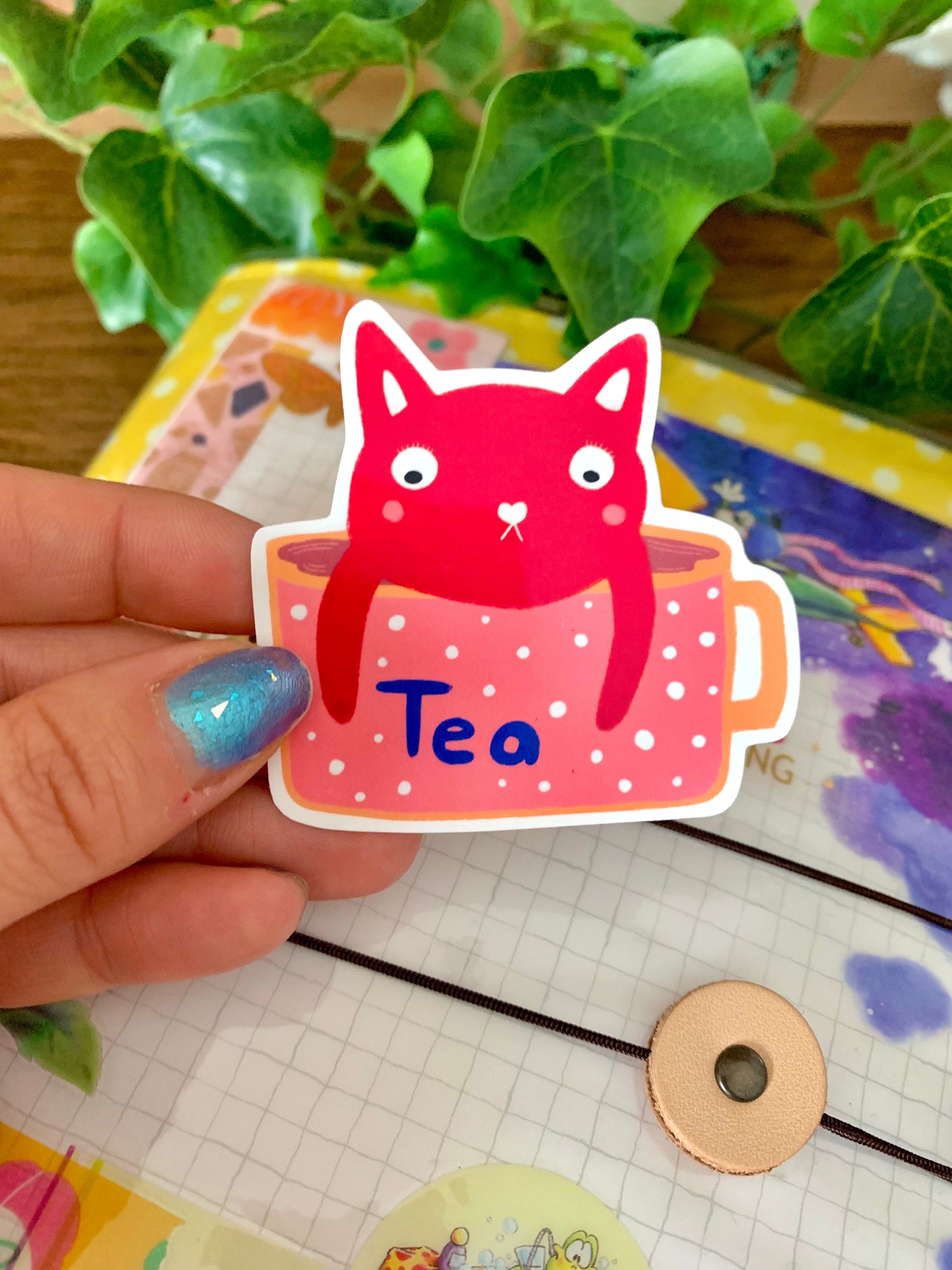 Vinyl Glossy Cute Cat Tea Cup Stickercute Sticker for Etsy