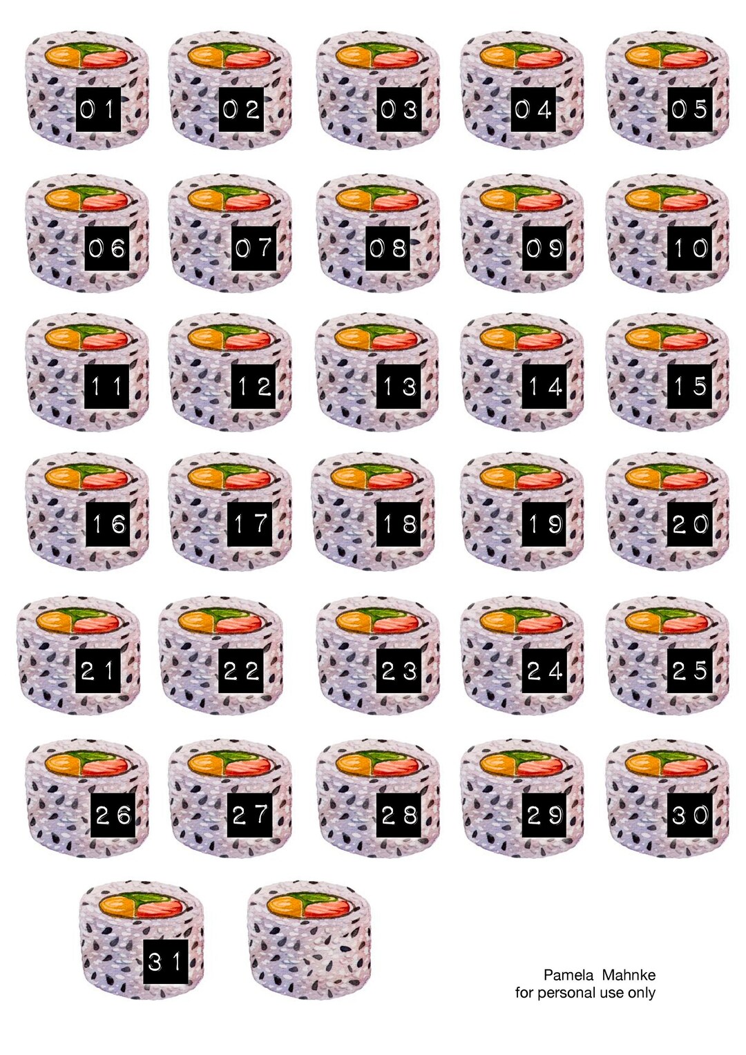 Date Numbers Sushi Numbers Collage Sheet Digital Download, Ephemera ...
