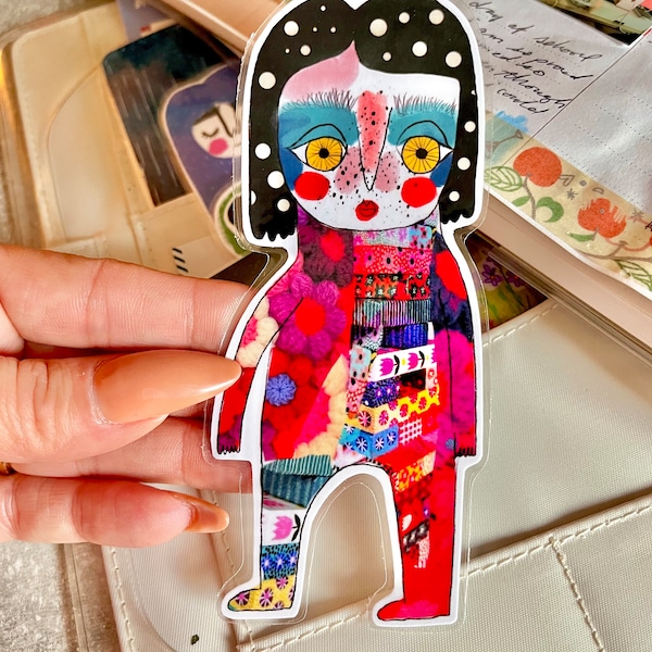 Laminated collage doll Pocket Pal for travelers notebook planner, agenda, journal or decoration.