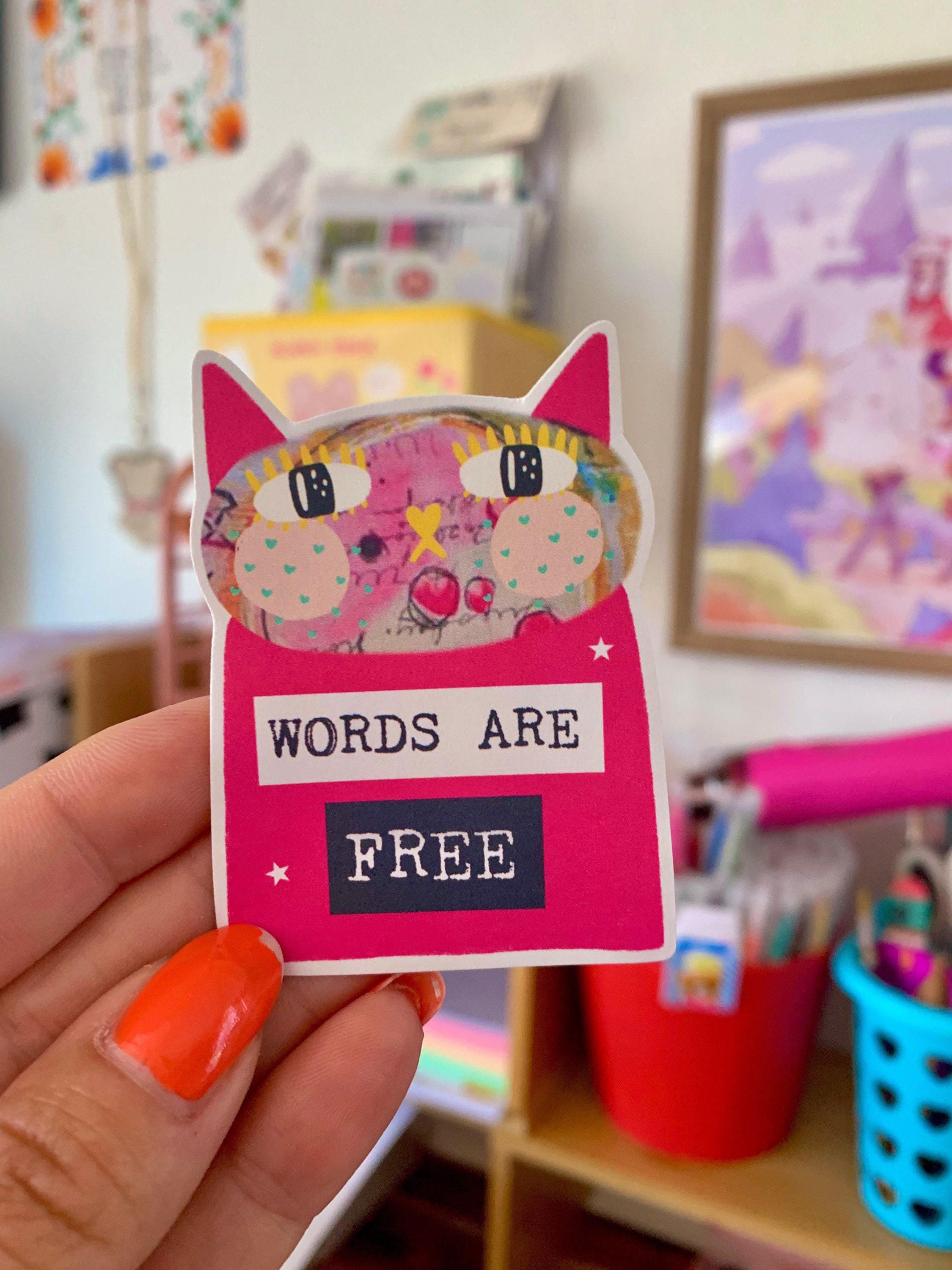 illustrated-cat-sticker-words-are-free-animalcat-sticker-etsy