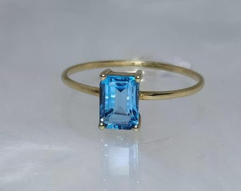 Dainty Emerald Cut Blue Topaz Ring: 14k Yellow Gold Promise Ring, December Birthstone