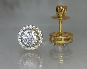 Gold Plated Sterling Silver Moissanite Stud Earrings: Round Solitaire