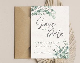Bewaar de datumsjabloon, Eucalyptus bewaar de datum, buiten bruiloft, bruiloft printables, bewerkbare, Instant Download, blad, groen