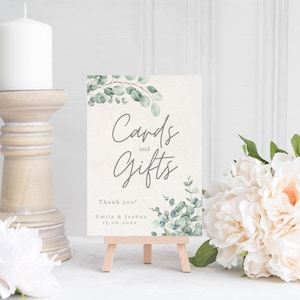 Enseigne pour cartes et cadeaux, Enseigne pour mariage à imprimer, Mariage d'eucalyptus, Panneaux pour mariage, Panneau pour dessus de table, Modifiable, Verdure, Feuille de mariage