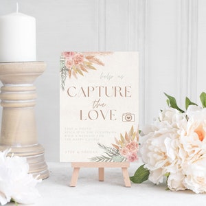 Signe Capture de l'amour, Cadeaux pour table, Impressions pour mariage, Mariage bohème, Panneaux de mariage, Panneau de table, Photos de mariage, Herbe de la pampa