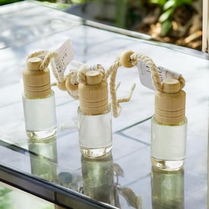 May include: Three glass bottles with wooden stoppers and twine hanging from them. The bottles are filled with a clear liquid and have labels that say "Beach", "Ocean", and "Salt Air".
