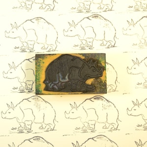 Franse vintage neushoorn neushoorn rubberen inktstempel jaren 1950 klaslokaal, Afrika safari wild dier, ideaal voor kaarten, cadeauverpakking, tags, scrapbooking