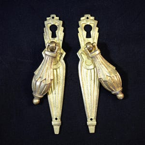 Pair of Antique 4 1/2&quot; French Drop Handles, Escutcheon, Solid Brass Small Cupboard Door, Cabinet Pull Handle, Restoration Project Hardware