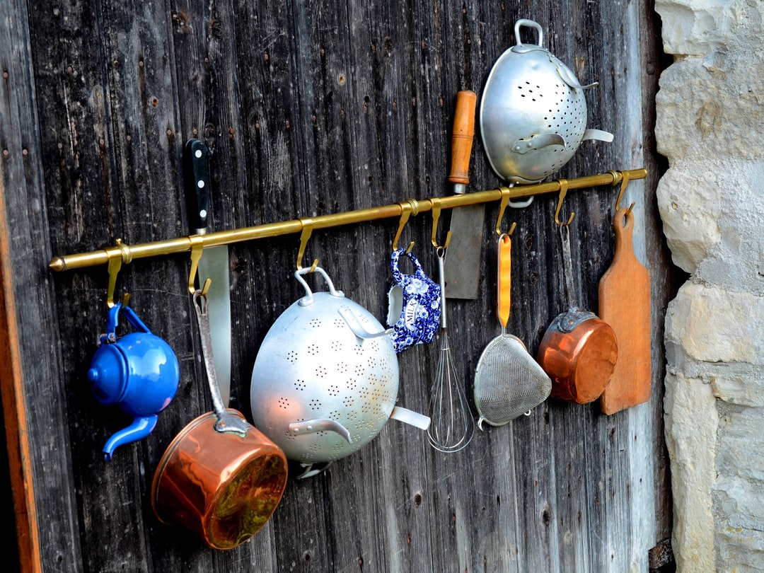 Antique French 48 Pot Pan Rail, Upcycling Repurpose 123cm Brass Paris ...