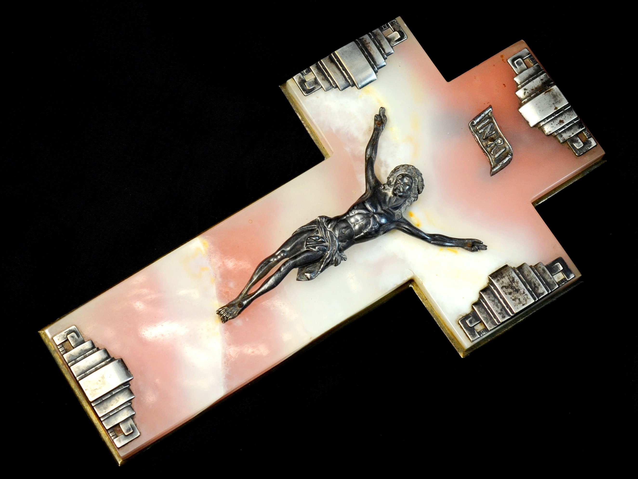 Argent Art Déco Antique, Marbre Rose Onyx Français Croix Du Crucifix, 10 Pouces, Catholique Romain, 