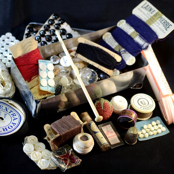 Antique Sewing Ephemera, Vintage Medical Box Full of Sewing and Embroidery Equipment, French  Tin + Contents, Lace Cotton Thimble Needles