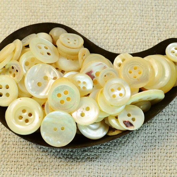 100 Vintage French Mother of Pearl Buttons in Vintage Tartlet Tin, Bulk Grab Bag Shell Lot, for Sewing, Historical Costume, Assorted Sizes.