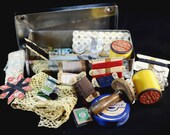 Antique Sewing Ephemera, Vintage Medical Box Full of Sewing and Embroidery Equipment, French Tin Contents, Lace Cotton Thimble Needles