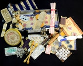 Antique Sewing Ephemera, Vintage Medical Box Full of Sewing and Embroidery Equipment, French Tin Contents, Lace Cotton Thimble Needles