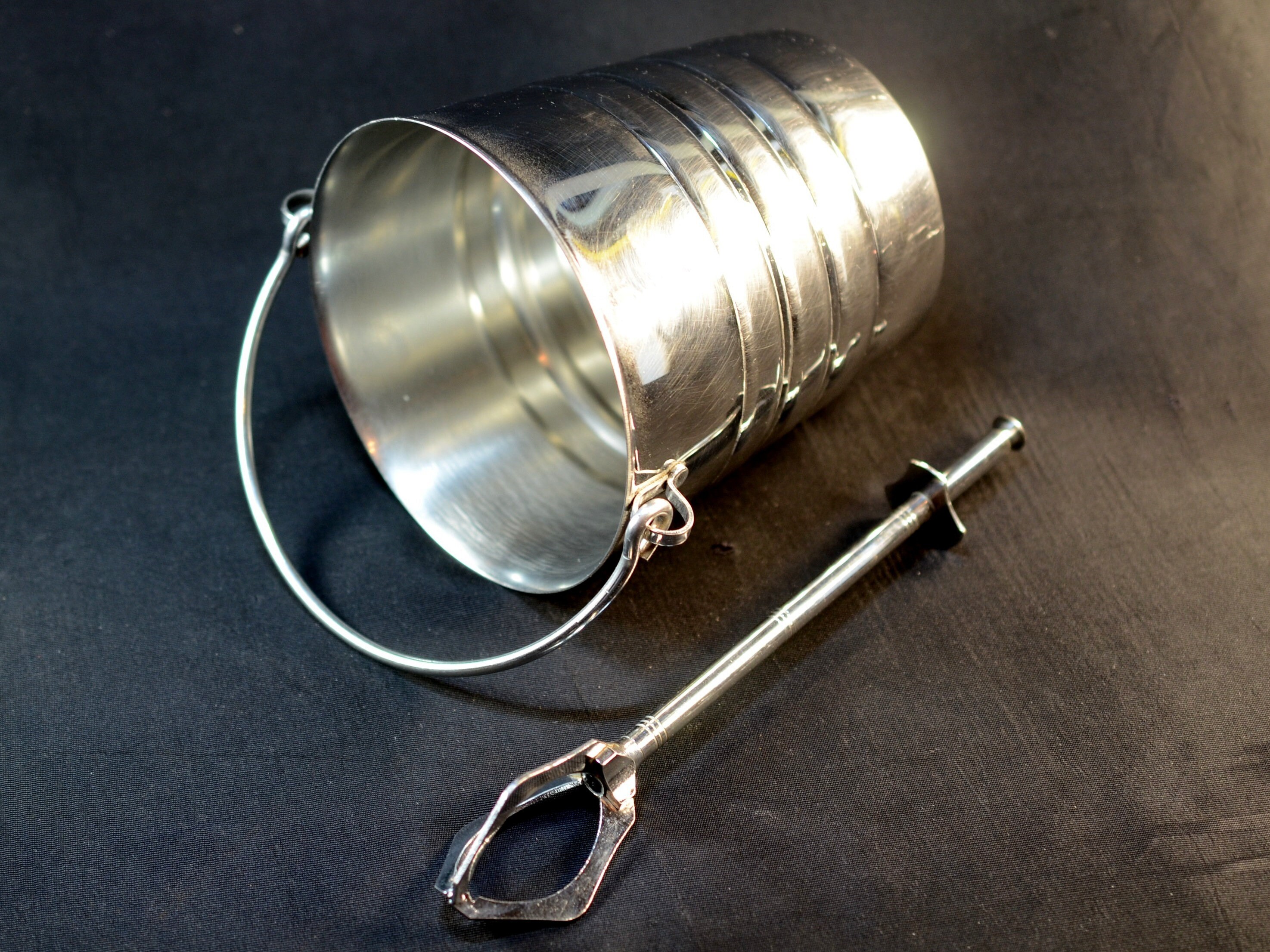 Vintage French Stainless Steel Ice Bucket and Cocktail Bar Tongs, Sprung Ice Cube Grabber,Bar Utensil Gadget, Man Cave