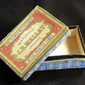 Scatola portapenne antica J.B.Mallat, scatola portapenne a immersione in carta francese, pubblicità, collezione di calligrafia, oggetti da collezione per scrittura vintage