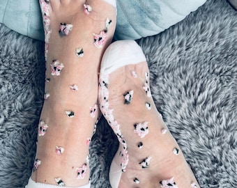Lace Ankle Socks: Sheer Nylon Floral Print - EU 35-40