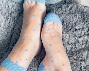 Sky Blue Polka Dot Ankle Socks: Sheer Lace Top, Non-Slip Nylon