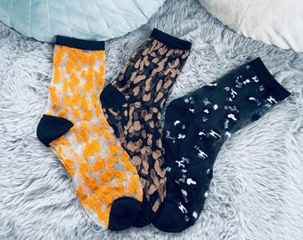 ヒョウ柄シアーアンクルソックス3足組、ナイロンローカットソックス