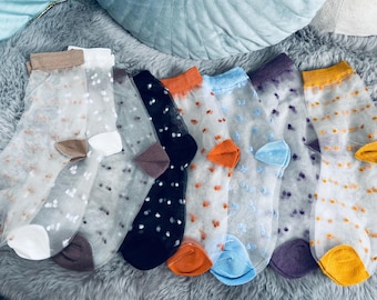 Polka Dot Nylon Ankle Socks: Sheer Lace Top, 8 Pairs