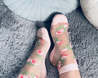 Pink Floral Lace Ankle Socks: Transparent Nylon Low Cut