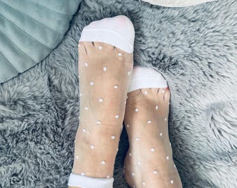 White Sheer Polka Dot Mid-Calf Socks: Women's Thin Crystal Silk Blend 1 Pair