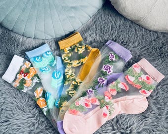 Lace Ankle Socks: 5 Pairs Sheer Nylon Floral Socks