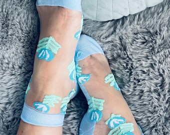 Blue Floral Lace Ankle Socks: Women's Nylon Low Cut Socks