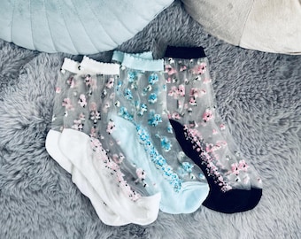 Lace Ankle Socks: 3 Pairs Sheer Nylon Floral Print - EU 35-40