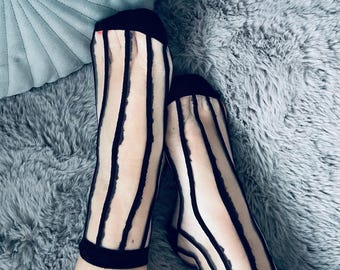 Sheer Mid-Calf Socks: Striped Crystal Silk Blend, Breathable