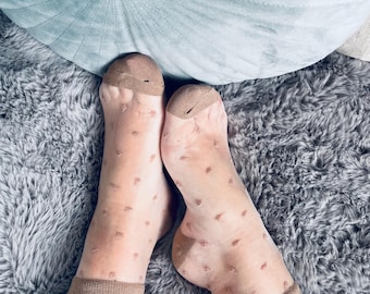Beige Polka Dot Ankle Socks: Sheer Lace Top, Non-Slip - Size 35-38 EU