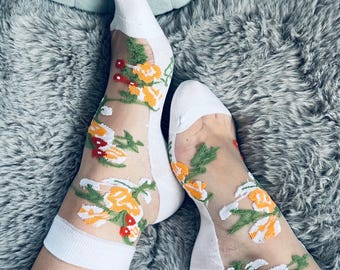 White Floral Print Nylon Ankle Socks: Sheer Lace Top - EU 35-40