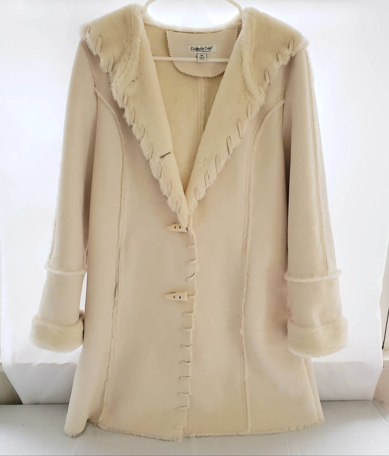 Stunning Coldwater Creek Ivory Suede Faux Fur Lined Hooded 34 Length Coat PetiteMedium Size PM