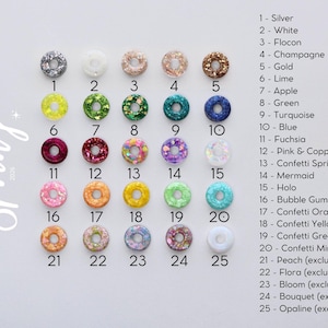 May include: A collection of 25 colorful, donut-shaped beads with glitter and confetti accents. Each bead is labeled with a number and color name, including silver, gold, and turquoise. The words "hello Spring 2020" are written in cursive.