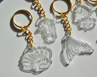 Keychain Shell Marine Animals in Resin, Mermaid Seahorse Jellyfish