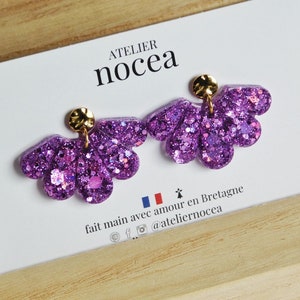 Boucle d'oreille pendante Coquillage en Résine et Acier Inoxydable pour Femme, Boucle d'oreille personnalisable Purple