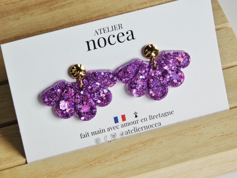 Boucle d'oreille pendante Coquillage en Résine et Acier Inoxydable pour Femme, Boucle d'oreille personnalisable Purple