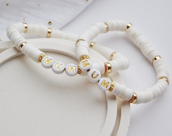 Bracelet Perle Heishi "Maman" Cadeau pour la fête des mères, Bracelet élastique Blanc et Doré