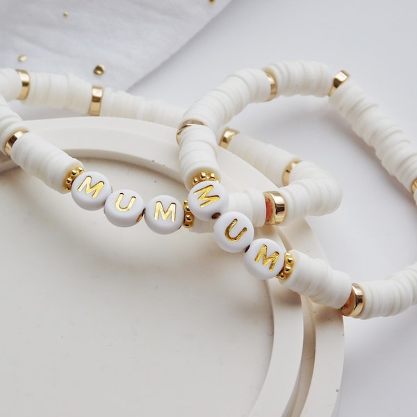 Bracelet Perle Heishi "Maman" Cadeau pour la fête des mères, Bracelet élastique Blanc et Doré