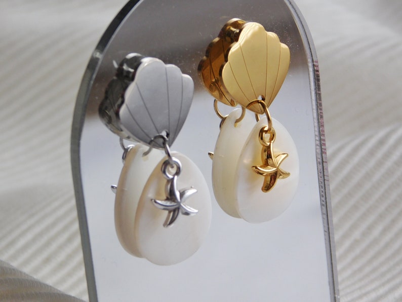 Dangling Stainless Steel Seashell Earring for Women, Starfish Earring image 3