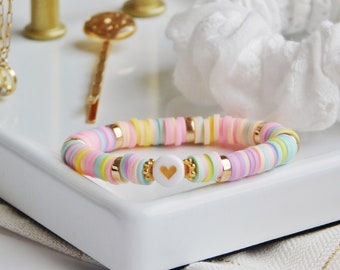 Bracelet Perle Heishi Amour Amitié, Bracelet Femme et Enfant, Cadeau pour Femme et Enfant