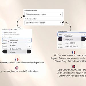 K&ouml;nnte beinhalten: Eine digitale Benutzeroberfl&auml;che mit Produktanpassungsmen&uuml;s und Dropdown-Listen zur Farbauswahl. Die Men&uuml;s zeigen Optionen wie White, Confettis White, Silver, Gold und Charm Only sowie erkl&auml;rende Texte in franz&ouml;sischer und englischer Sprache.