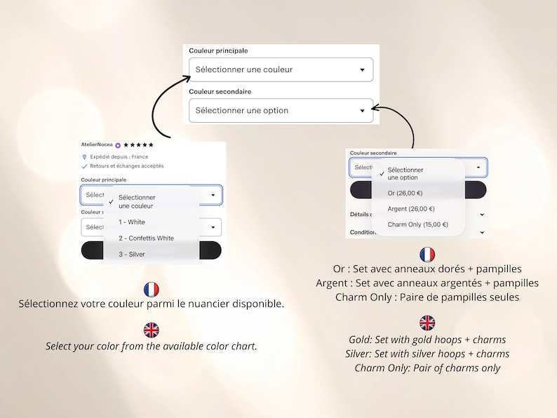 K&ouml;nnte beinhalten: Eine digitale Benutzeroberfl&auml;che mit Produktanpassungsmen&uuml;s und Dropdown-Listen zur Farbauswahl. Die Men&uuml;s zeigen Optionen wie White, Confettis White, Silver, Gold und Charm Only sowie erkl&auml;rende Texte in franz&ouml;sischer und englischer Sprache.