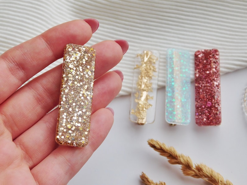 Barrette Résine à paillettes pour les cheveux, Idée cadeau petit budget, Pince crocodile pour Femme et Enfant, Accessoire de coiffure Gold