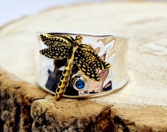 Handmade Dragonfly Ring wide hammered band Silver